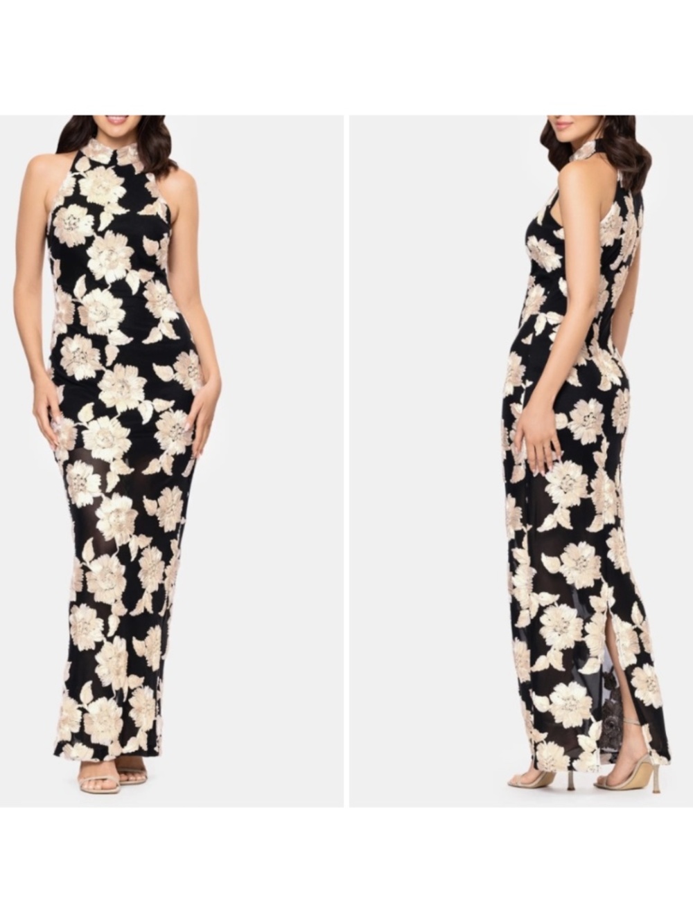 BETSY & ADAM - FLORAL SOUTACHE SHEATH GOWN BLACK/CHAMPAGNE